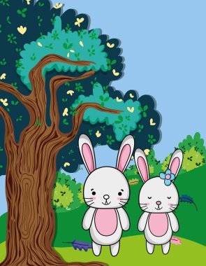 Sevimli tavşanlar aile orman karikatürler, vektör çizim grafik tasarım