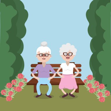 Park çizgi film vektör çizim grafik tasarım, bankta Büyükanneler yaşlı çift