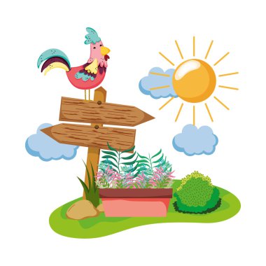 horoz ve houseplant Bahçe vektör tasarım ahşap ok