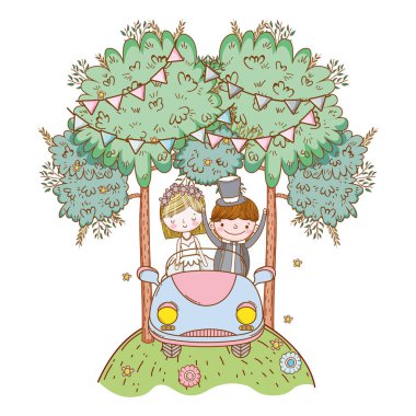 Düğün Çift Doğa karikatürler vektör çizim grafik tasarım, eski model araba üzerinde