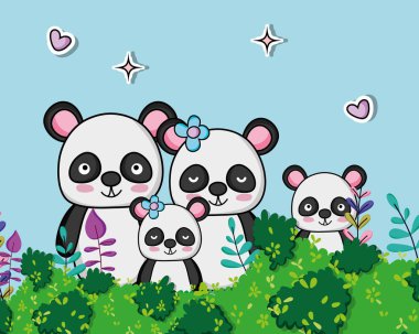 Sevimli panda ayıları aile orman karikatürler vektör çizim grafik tasarım