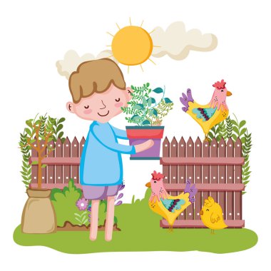 küçük çocuk çit ve horoz vektör çizim ile houseplant kaldırma