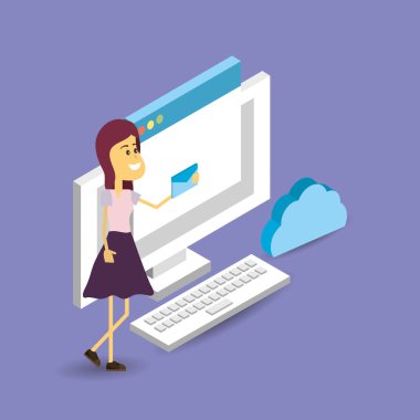 veri bulut posta depolama ağ çizgi film kullanarak zarf tutan genç kadın