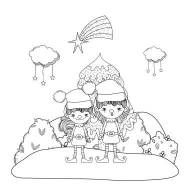 tatlı Noel Baba yardımcıları çift çimen vektör çizim tasarım