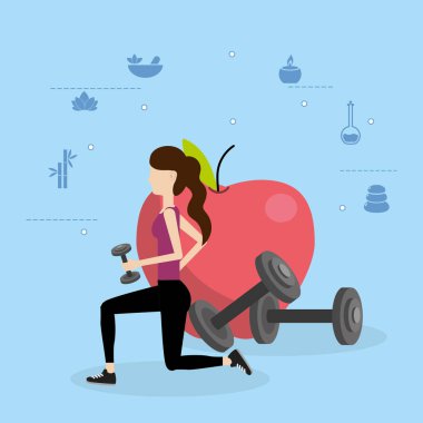 Genç kadının ağırlık ve elma karikatür ile hamle yapması