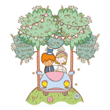 Düğün Çift Doğa karikatürler vektör çizim grafik tasarım, eski model araba üzerinde