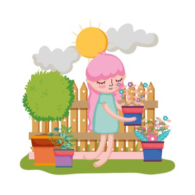 Kız houseplant çit ile Bahçe vektör çizim tasarımında kaldırma