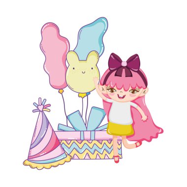 Mutlu Doğum günü kızı hediye kutusu ve balon sevimli çizgi film vektör çizim grafik tasarım ile