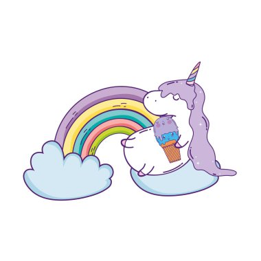 bulutlar ve gökkuşağı kawaii vektör çizim tasarım olan sevimli at