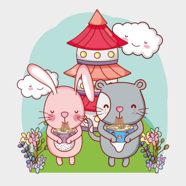 Rabbbit ve Japon yemekleri kawaii karikatürler ile cats