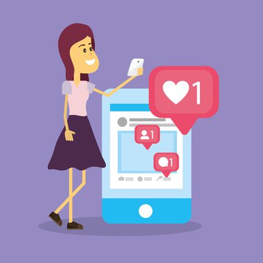 Kadın akıllı telefonlar çizgi film üzerinden sosyal ağlarda vektör çizim grafik tasarım