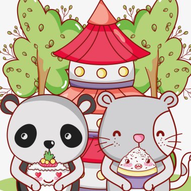 Kedi ve Japon yemekleri kawaii karikatürler ile ayı panda illüstrasyon grafik tasarım vektör