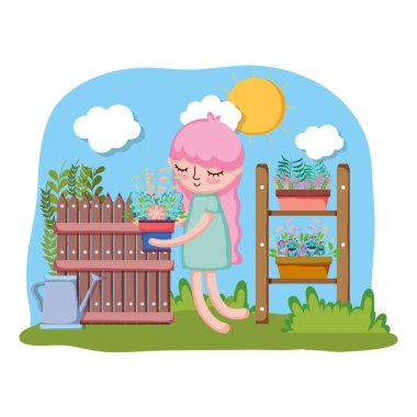 Kız houseplant raf ile Bahçe vektör çizim tasarımında kaldırma