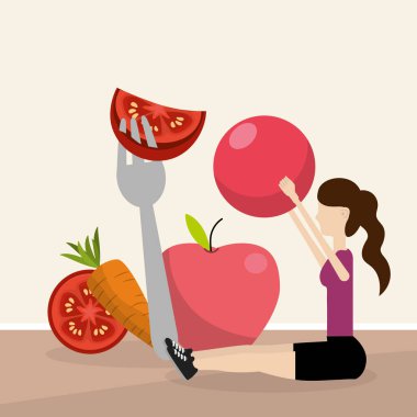 Genç kadın ile egzersiz topu ve simgeler karikatür germe