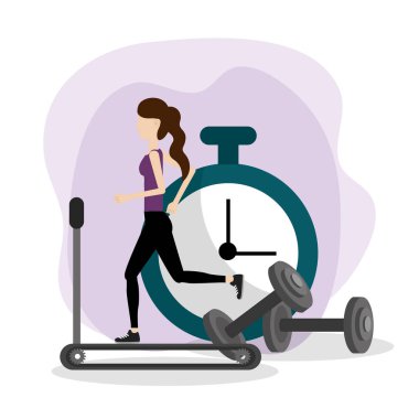 koşu bandı ağırlık ve kronometre karikatür ile çalışan genç kadın