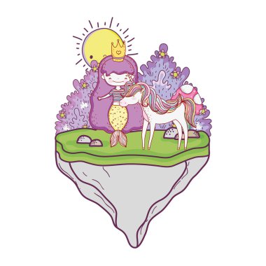 tek boynuzlu at manzara vektör çizim tasarım ile şirin deniz kızı