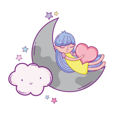 Güzel kız aya gökyüzü çizgi film vektör çizim grafik tasarım üzerinde hayal