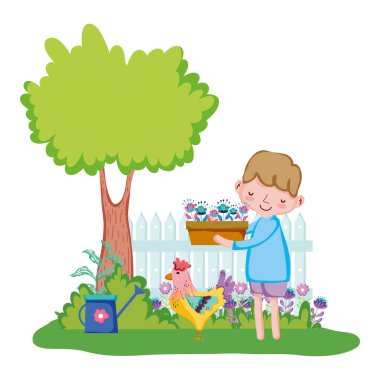 küçük çocuk çit ve horoz vektör çizim ile houseplant kaldırma