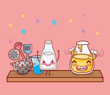 Mutfak raf mutfak eşyası ve malzemeler simgeler kawaii sevimli çizgi film cartoon