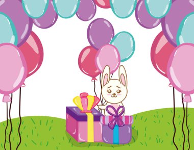 Doğum günü partisi ile sevimli tavşan çizgi film vektör çizim grafik tasarım