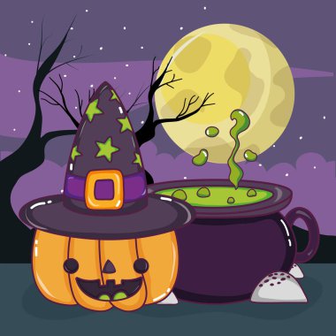 Halloween korkunç çizgi film gece sahne vektör çizim grafik tasarım