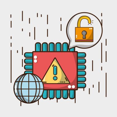 Güvenlik sistemi sembolleri ve teknoloji öğeleri çizgi film illüstrasyon grafik tasarım vektör