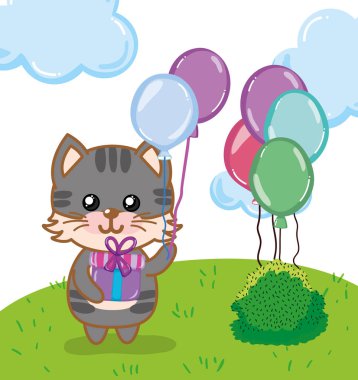 Doğum günü partisi ile şirin kedi çizgi film vektör çizim grafik tasarım