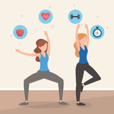 Genç kadınlar yoga yaparken simgeler karikatür ile poz