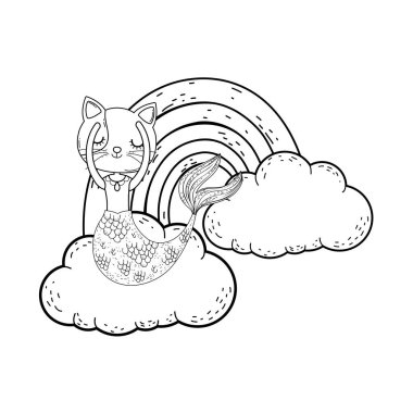 bulutlar ve gökkuşağı vektör çizim tasarım ile şirin purrmaid
