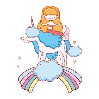 tek boynuzlu at ve bulutlar gökkuşağı deniz kızı vektör çizim tasarım