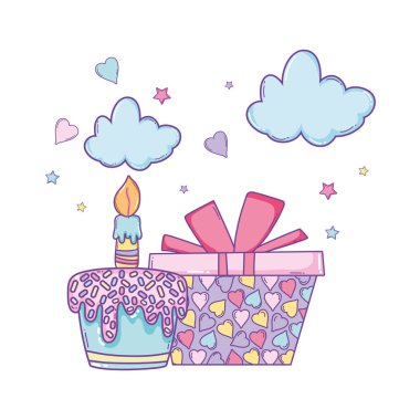 Mutlu yıllar pasta ve giftbox karikatürler vektör çizim grafik tasarım