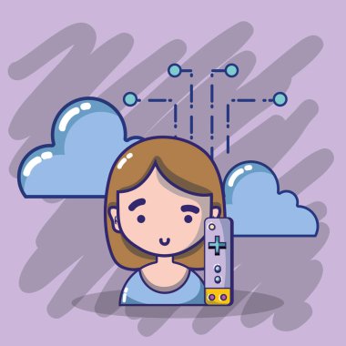 sanal gerçeklik kulaklık ve öğeleri vektör çizim grafik tasarım kullanan kız