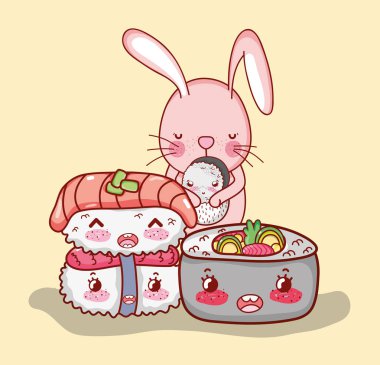 Bunny ve Japon yemekleri şirin kawaii karikatürler