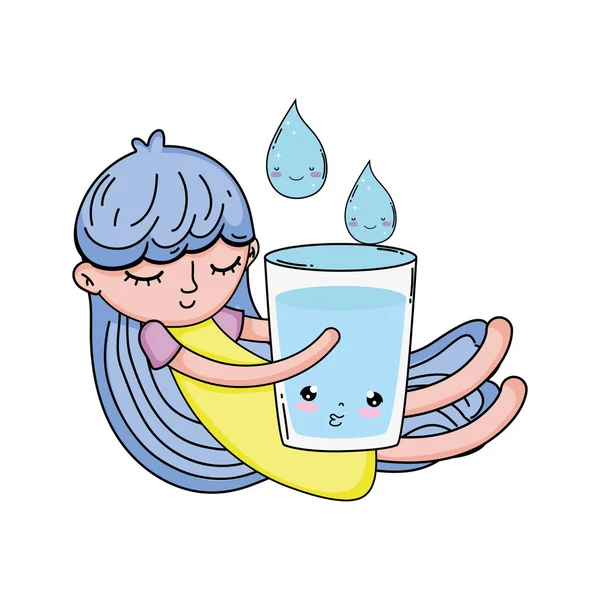 Holčička Sklo Vody Kawaii Postav Vektorové Ilustrace — Stockový vektor