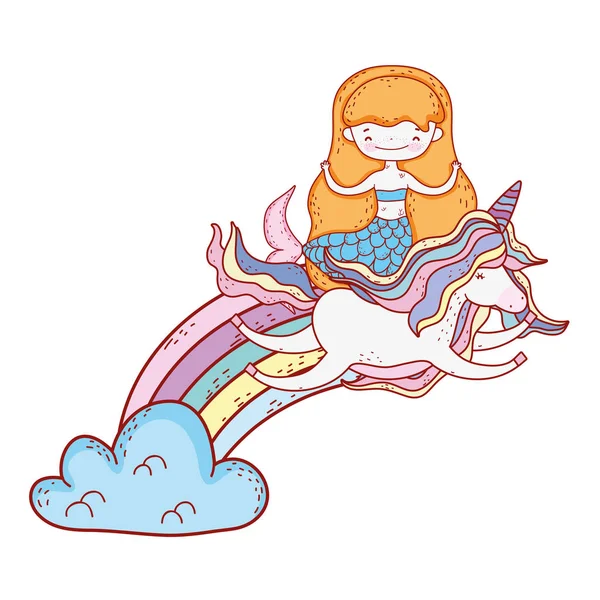 Meerjungfrau Mit Einhorn Und Regenbogen Wolken Vektor Illustration Design — Stockvektor