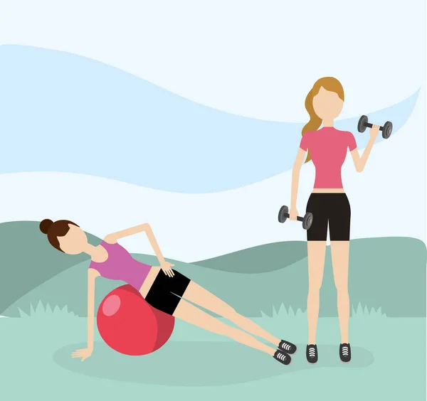 年轻妇女工作在户外锻炼球和重量卡通 — 图库矢量图片