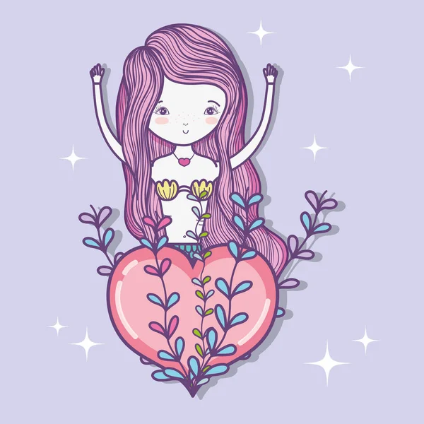Sirène Avec Beau Coeur Dessin Mignon Dessin Animé Vectoriel Illustration — Image vectorielle
