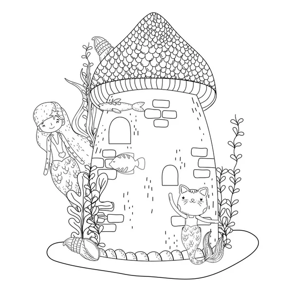 Purrmaid Mignon Sirène Avec Design Illustration Vectoriel Château — Image vectorielle