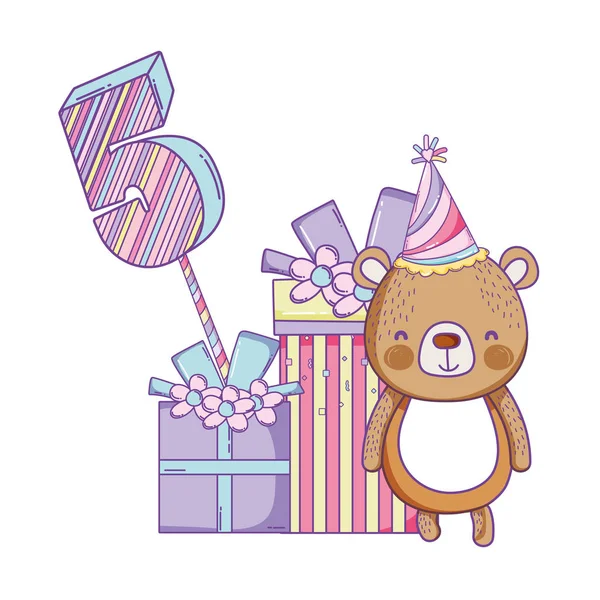 Feliz Cumpleaños Oso Número Cinco Con Cajas Regalo Sombrero Dibujos — Vector de stock