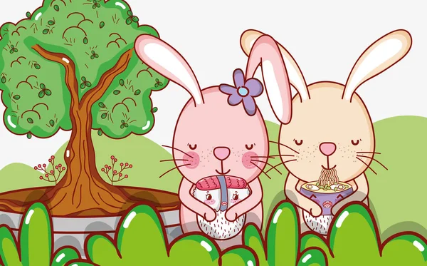 Japon Yemekleri Şirin Kawaii Karikatürler Tavşanlarla — Stok Vektör