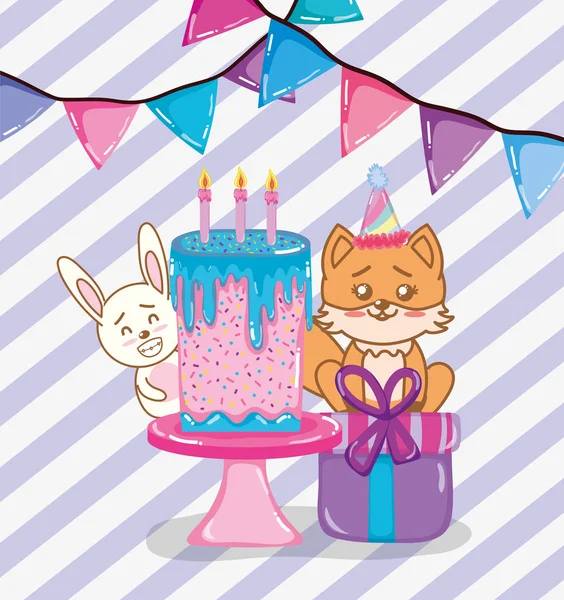 Fiesta Cumpleaños Con Animales Salvajes Lindos Dibujos Animados Vector Ilustración — Vector de stock