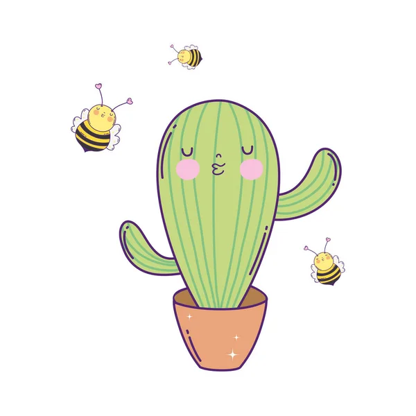 Mignon Cactus Avec Abeilles Kawaii Caractère Vectoriel Illustration Design — Image vectorielle