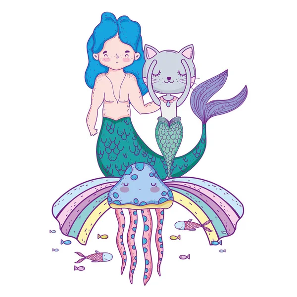 Male Mermaid Purrmaid Rainbow Vector Illustration Design — Stock Vector