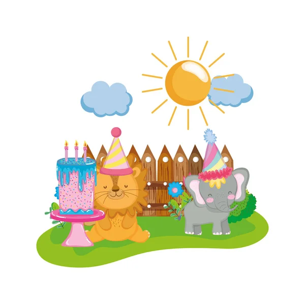 Little Elephant Lion Party Hat Vector Illustration Design — Stock Vector