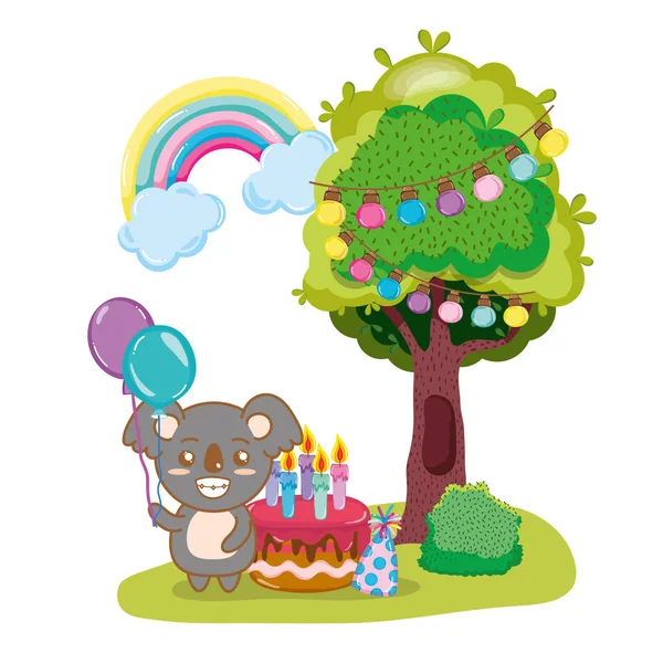 Fiesta Cumpleaños Con Koalas Lindo Vector Dibujos Animados Ilustración Diseño — Vector de stock