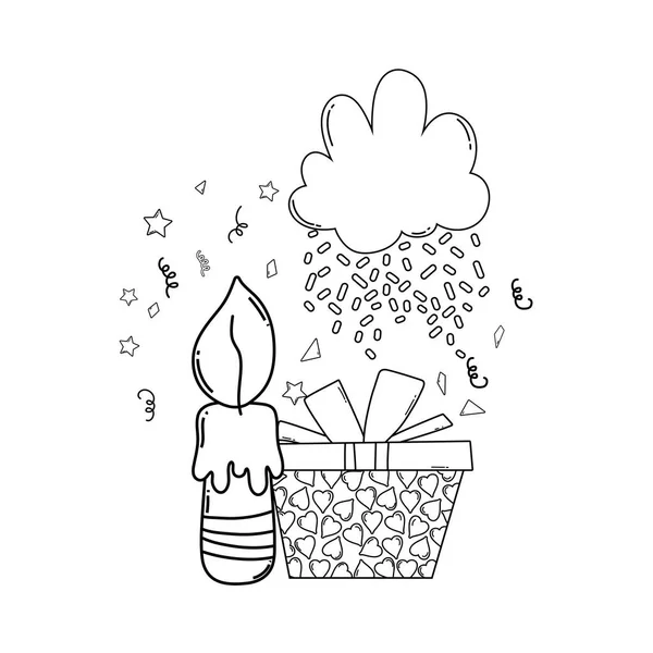 生日蜡烛与礼品盒和云雨可爱的漫画向量例证设计 — 图库矢量图片