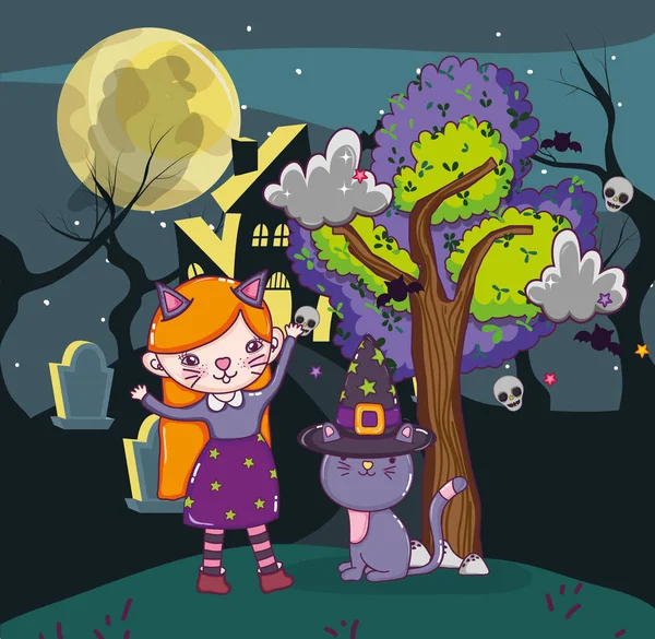 Noche Celebración Halloween Con Chica Gato Traje Dibujos Animados Vector — Vector de stock