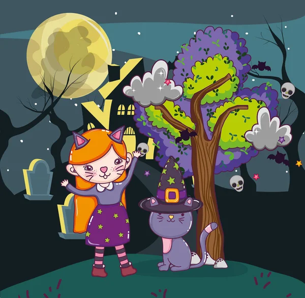 Halloween Feest Avond Met Meisje Kat Kostuum Tekenfilms Vector Illustratie — Stockvector