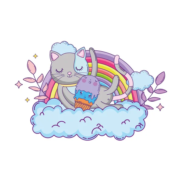 Cute Cat Ice Cream Rainbow Vector Illustration Design — Stock Vector