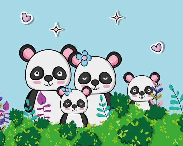 Grazioso Panda Orsi Famiglia Giungla Cartoni Animati Vettore Illustrazione Grafica — Vettoriale Stock